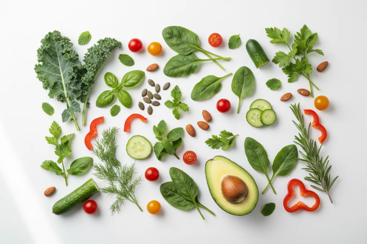 Flat lay of fresh natural ingredients on a white surface, including leafy greens and herbs, soft daylight, no branding, 3:2 aspect ratio