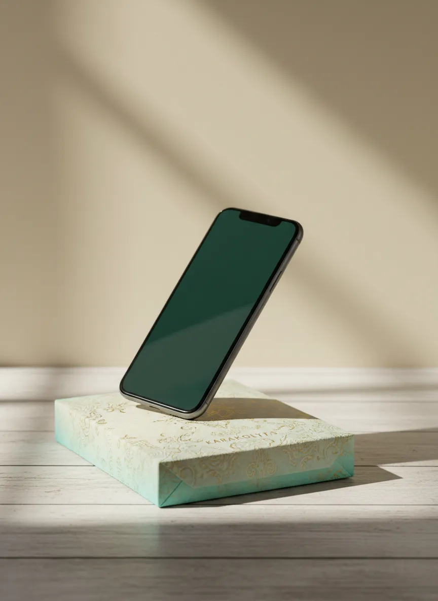 Mobile phone mockup scanning Karakolytas souvenir packaging