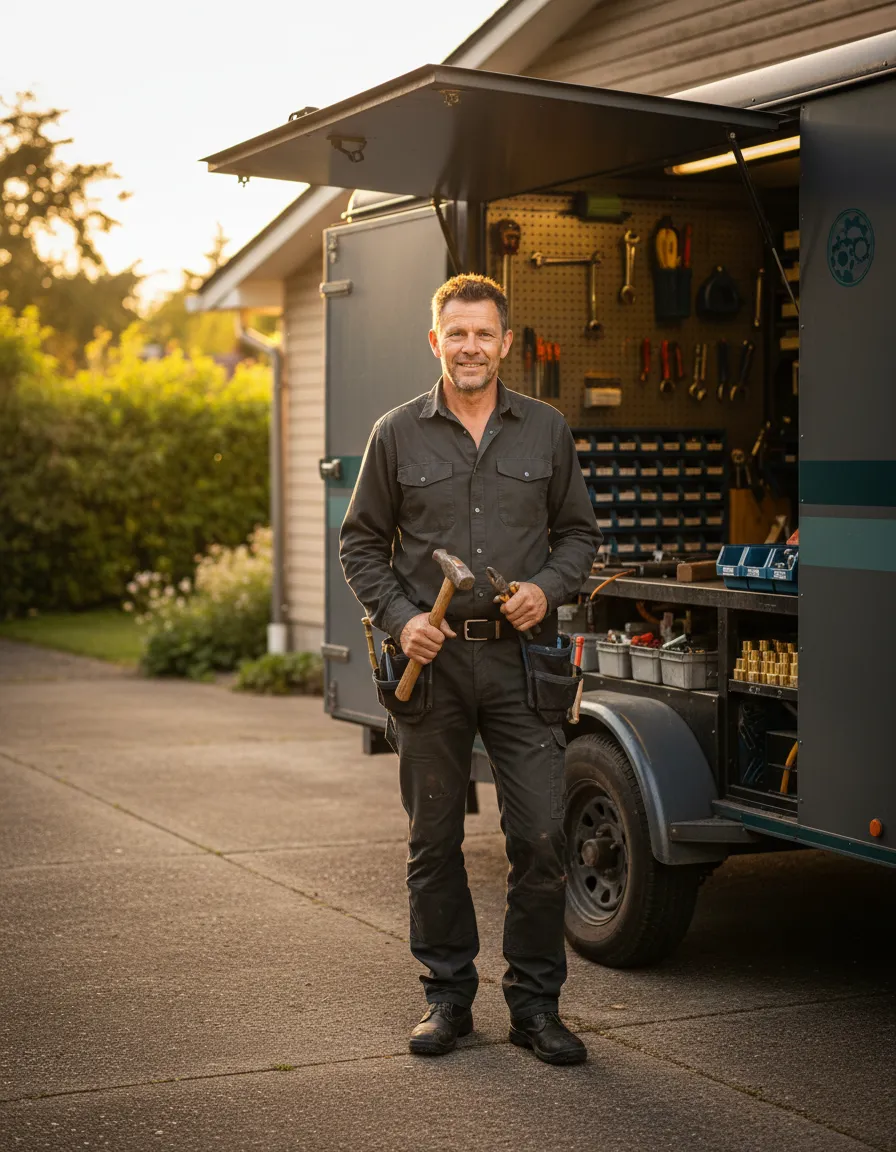 Mitch Kuc standing warmly by his workshop trailer