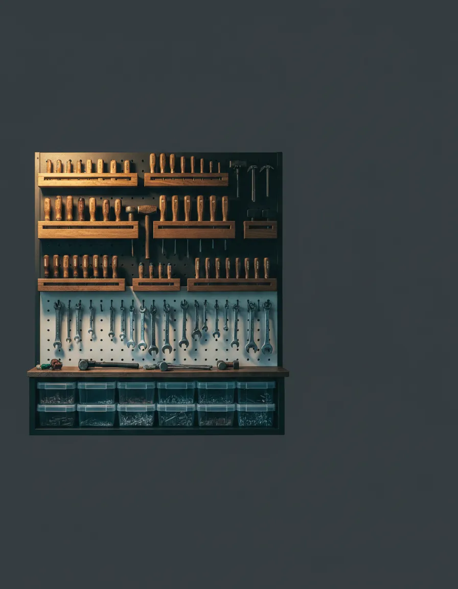 Detail of neatly organized tools inside the trailer