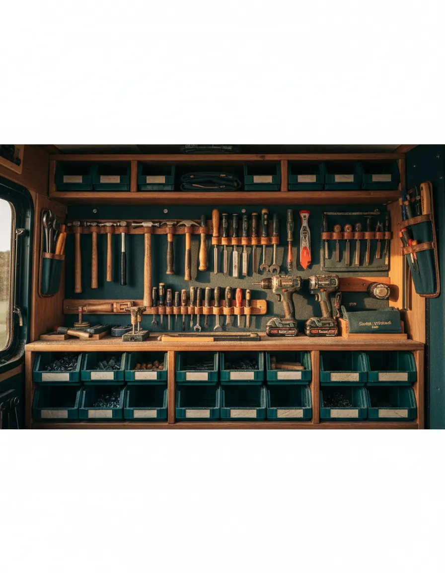 Organized interior of the mobile workshop trailer