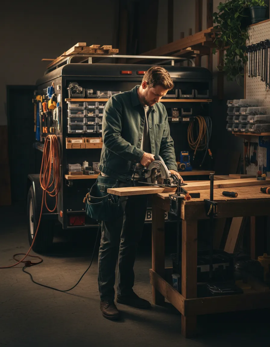 Mitch efficiently cutting materials at the mobile workshop