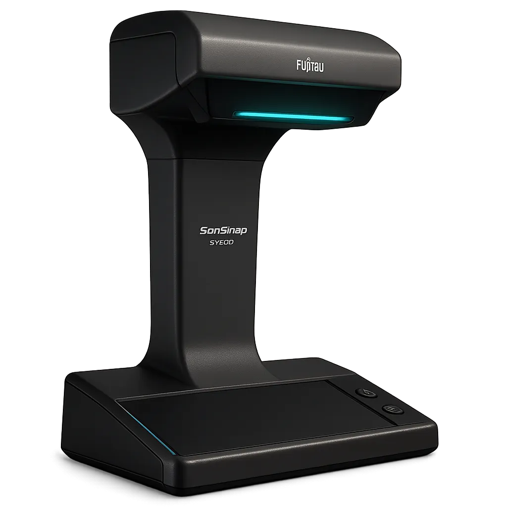 Render 3D del escáner cenital Fujitsu ScanSnap SV600 sobre superficie de trabajo notarial