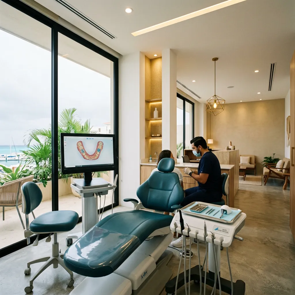 Luxury dental studio interior with coastal view and advanced German diagnostic technology in Puerto Aventuras