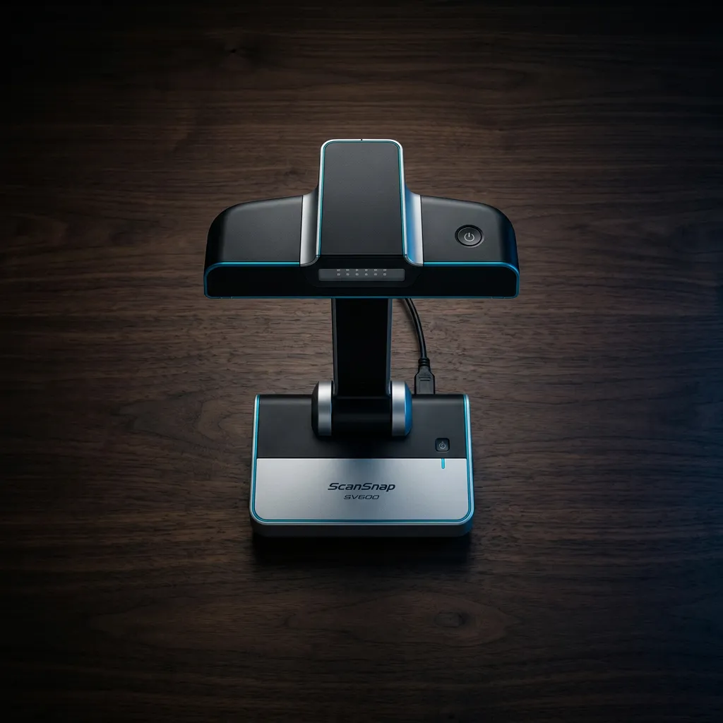 ScanSnap SV600 digitalizando documentos históricos en un escritorio corporativo
