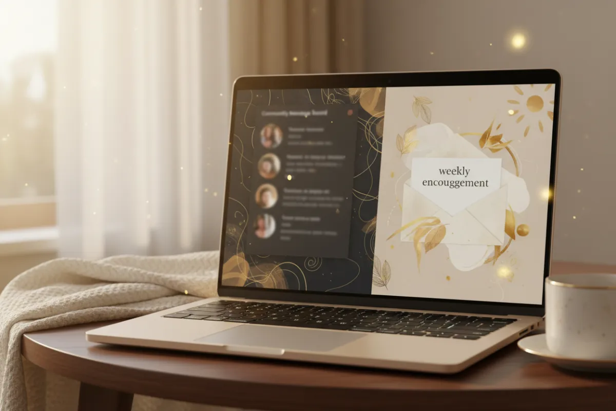 A laptop showing a community message thread and a weekly encouragement email open, cozy neutral tones, subtle gold accents to match the gratitude theme.