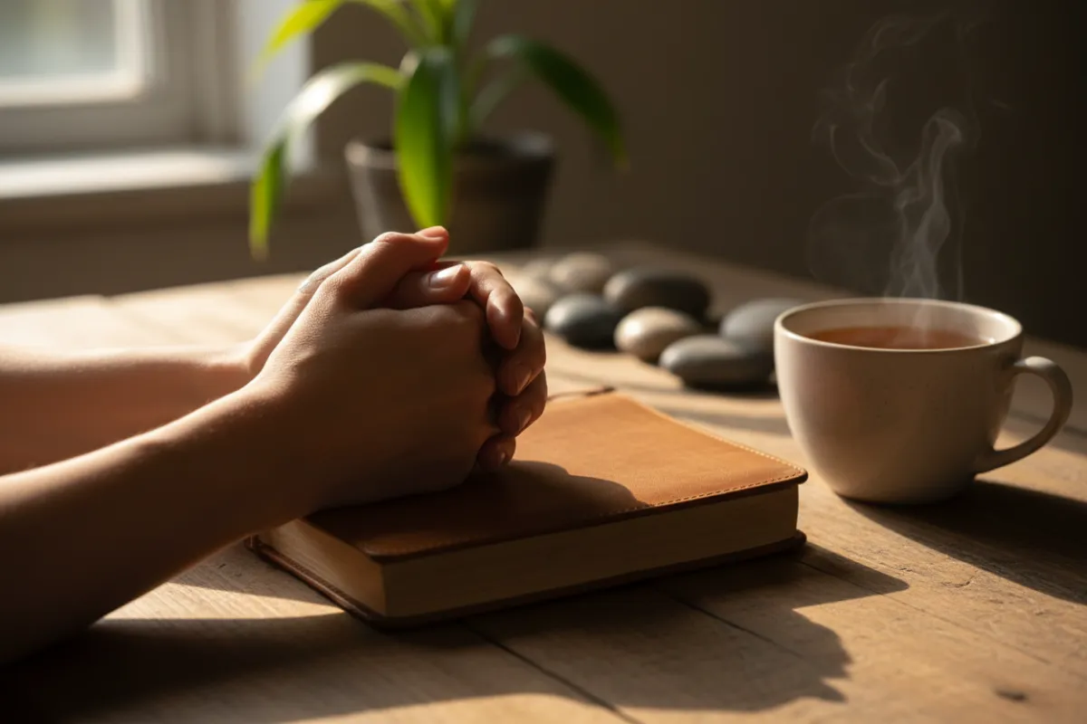 Hands folded over a journal and cup of tea, quiet reflection and gratitude