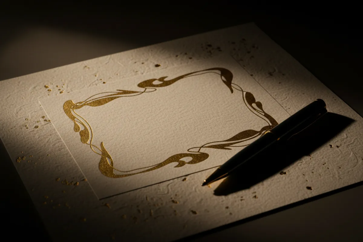 A close-up of a printed prompt card titled 'Today I’m grateful for…' with a pen beside it on textured paper, warm gold highlights and soft shadow.
