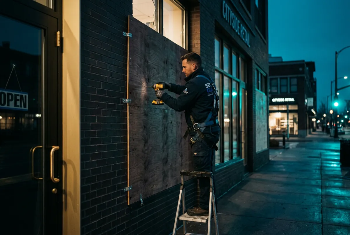 Commercial after-hours board-up structural glazing scenario simulation