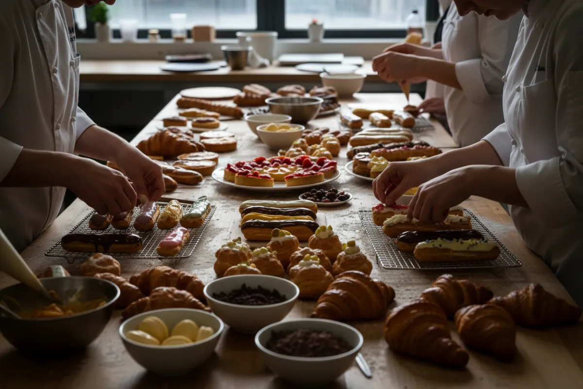 Table de travail couverte de pâtisseries variées, mains d'élèves en train de dresser des éclairs, ambiance studieuse et gourmande, style photographique réaliste