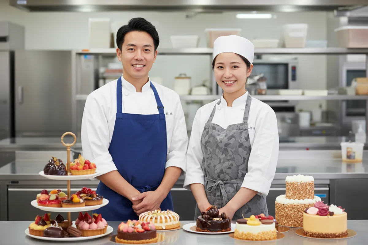 Deux chefs pâtissiers, homme et femme, souriants, posant devant un présentoir de gâteaux raffinés, style photographique réaliste, ambiance conviviale et professionnelle
