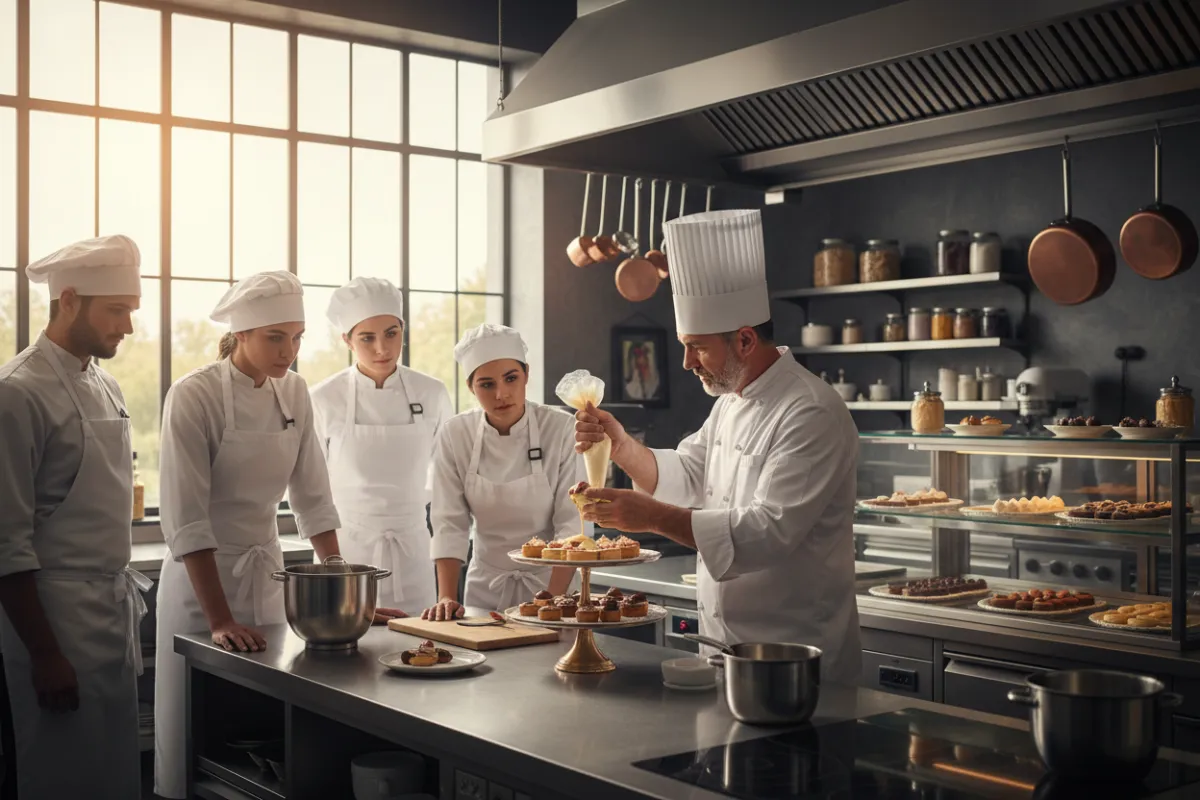 Chef pâtissier expérimenté montrant une technique de glaçage à un groupe d'élèves attentifs, cuisine professionnelle moderne, lumière naturelle, style photographique réaliste