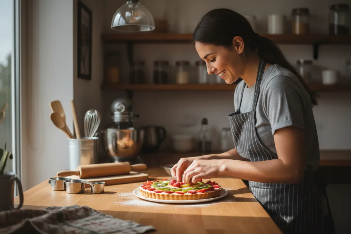 Jeune femme souriante décorant une tarte aux fruits sur un plan de travail lumineux, ustensiles de pâtisserie en arrière-plan, ambiance chaleureuse et professionnelle, style photographique réaliste