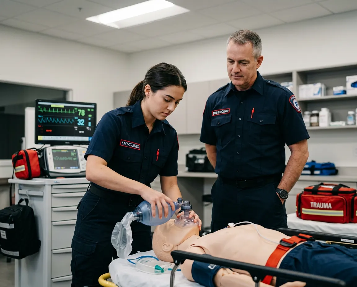 EMT student practicing clinical skills during high-fidelity emergency response training