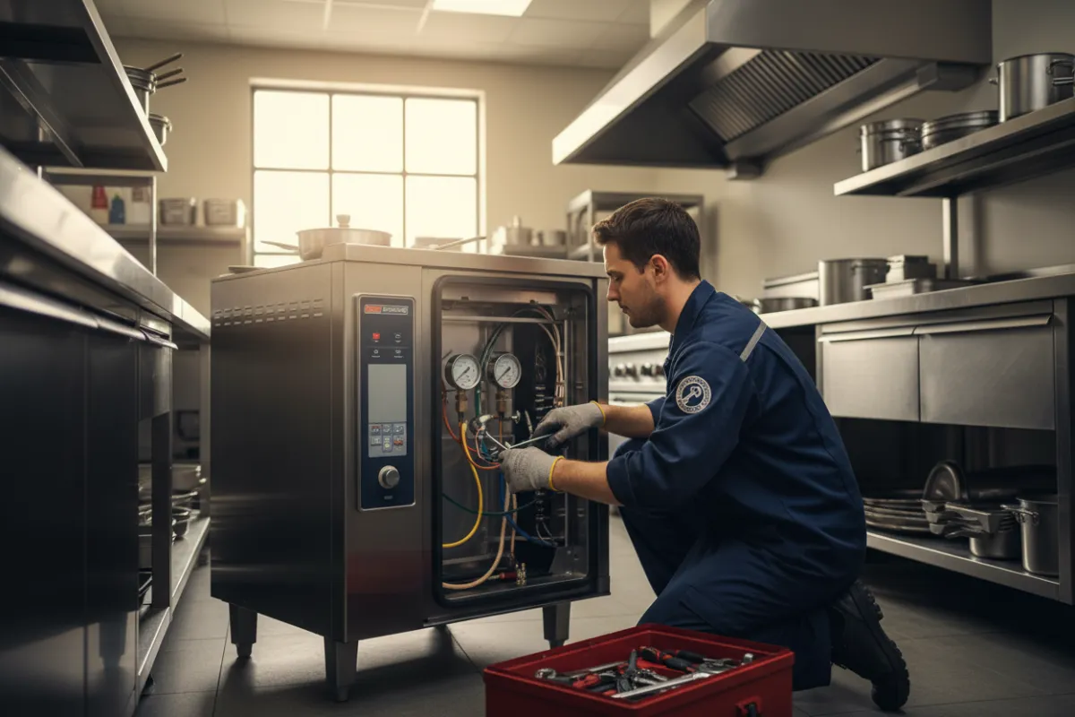 Repair technician working on a commercial kitchen appliance, with tools and stainless-steel surfaces visible, showing professional repair work.