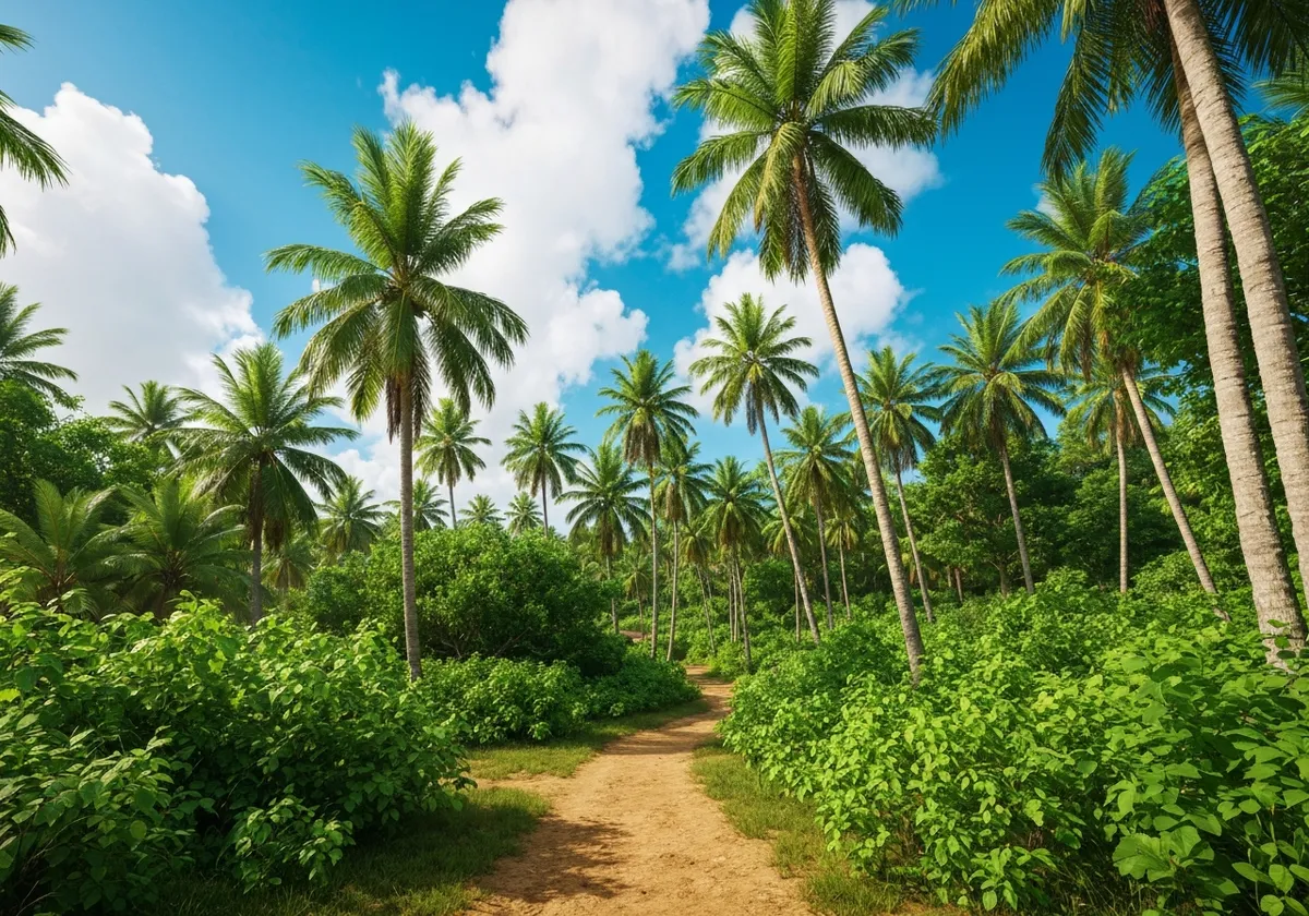 A sunny, lush tropical landscape with dirt paths, dense green foliage, and palm trees under a bright sky with scattered clouds.