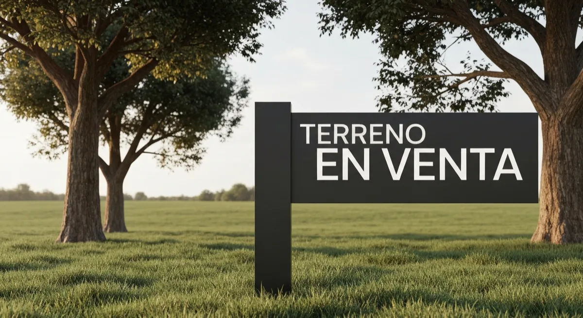 Signpost that reads 'TERRENO EN VENTA' standing in a grassy field with trees.
