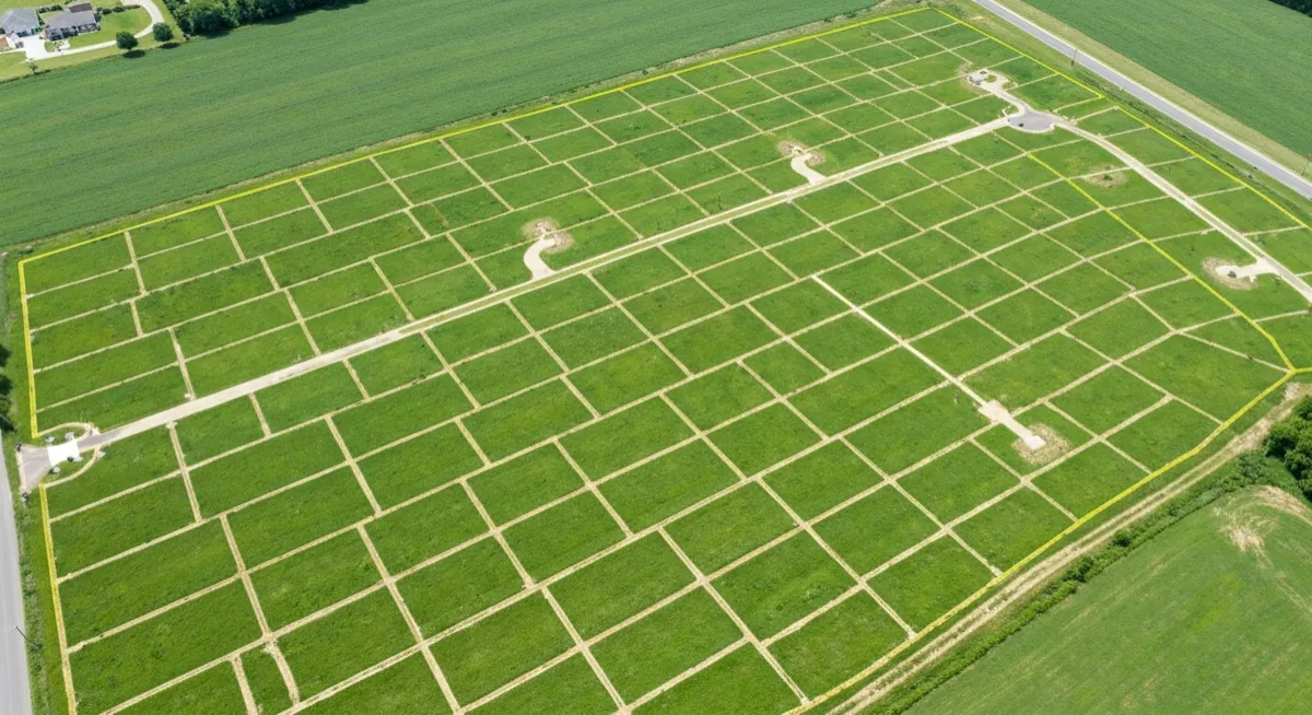 Aerial view of green land showing grid lines for residential lot development.