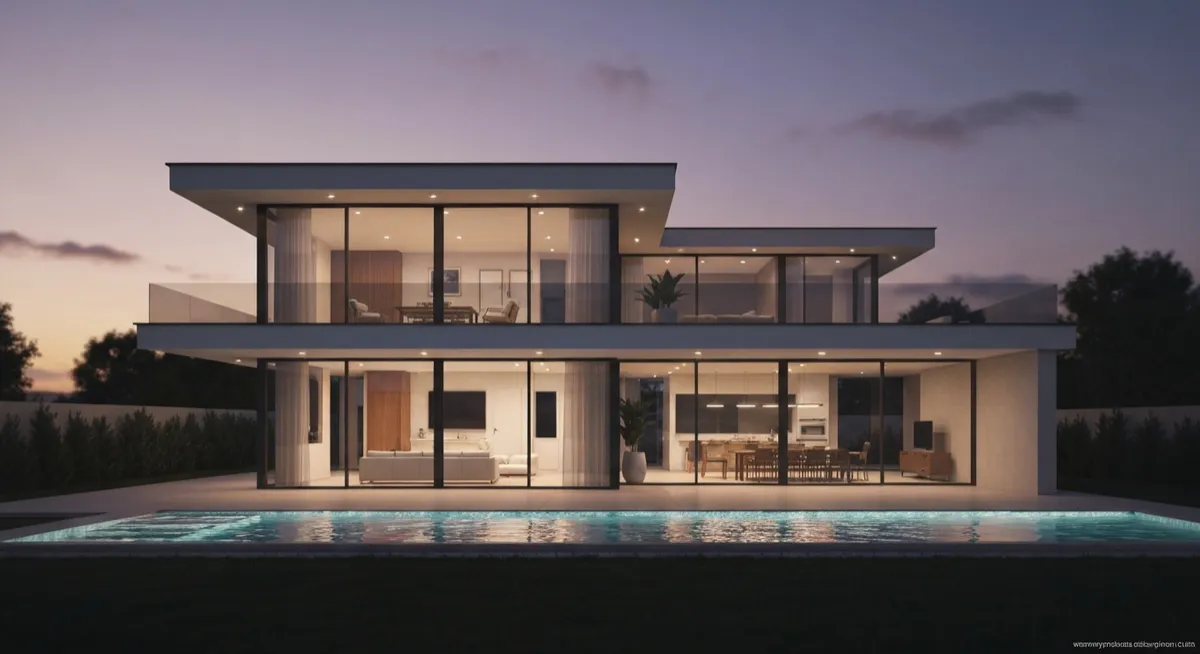 Architectural rendering of a modern, luxury two-story house with large windows and a pool at dusk.