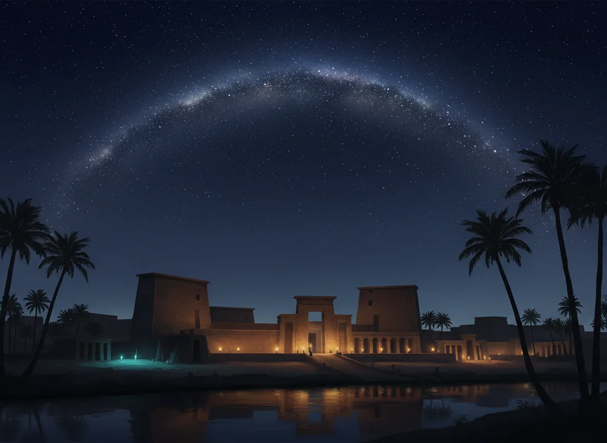 Celestial Egyptian temple silhouette along the Nile at night