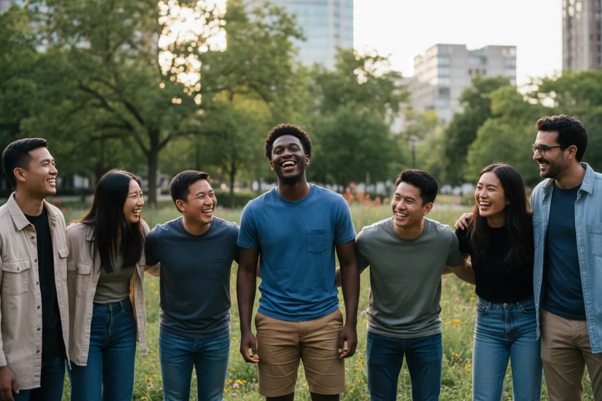 Zay at a community event, laughing with a diverse group, outdoor setting, casual and approachable vibe