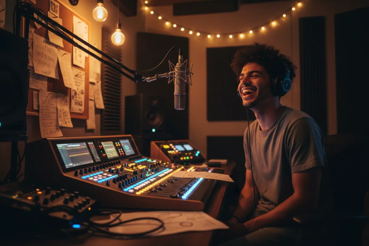 Zay in a recording studio, headphones on, mid-laugh, surrounded by creative notes and a glowing soundboard
