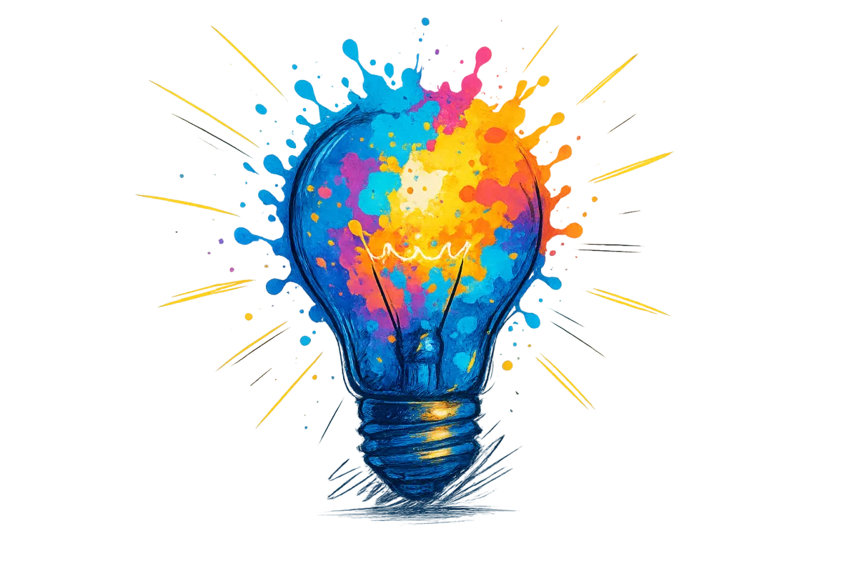 A brilliant, high-definition digital illustration of a glowing lightbulb composed of colorful paint splashes