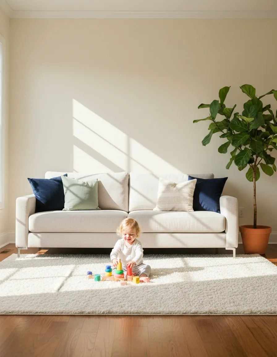 Clean, pest-free living room interior with sunlight shining through the window