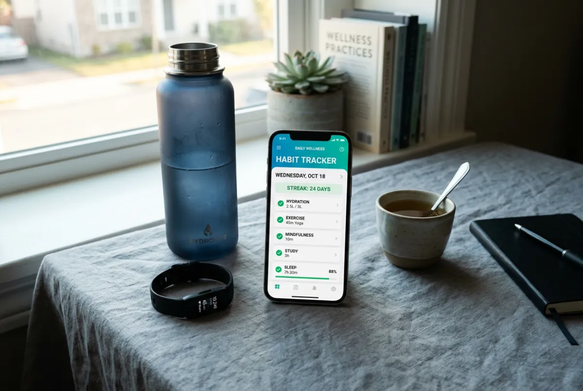 Daily vitality and wellness routine tracking illustrating sustainable energy habits