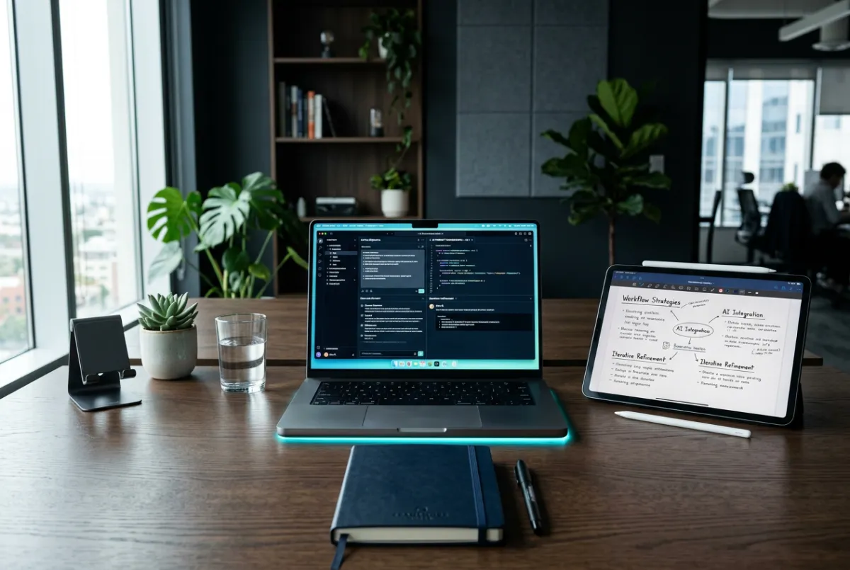 Modern digital workspace showcasing AI prompt frameworks and accelerated study tools