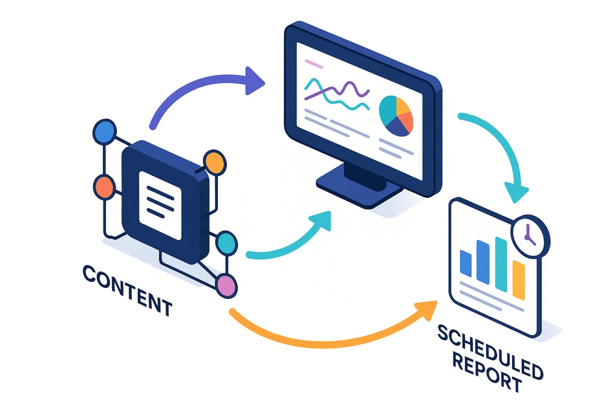Abstract illustration of workflow automation showing data flows between content, monitoring, and reporting panels