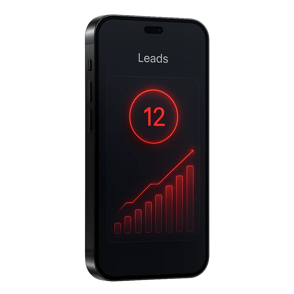 High-tech lead notification dashboard with glowing red accents