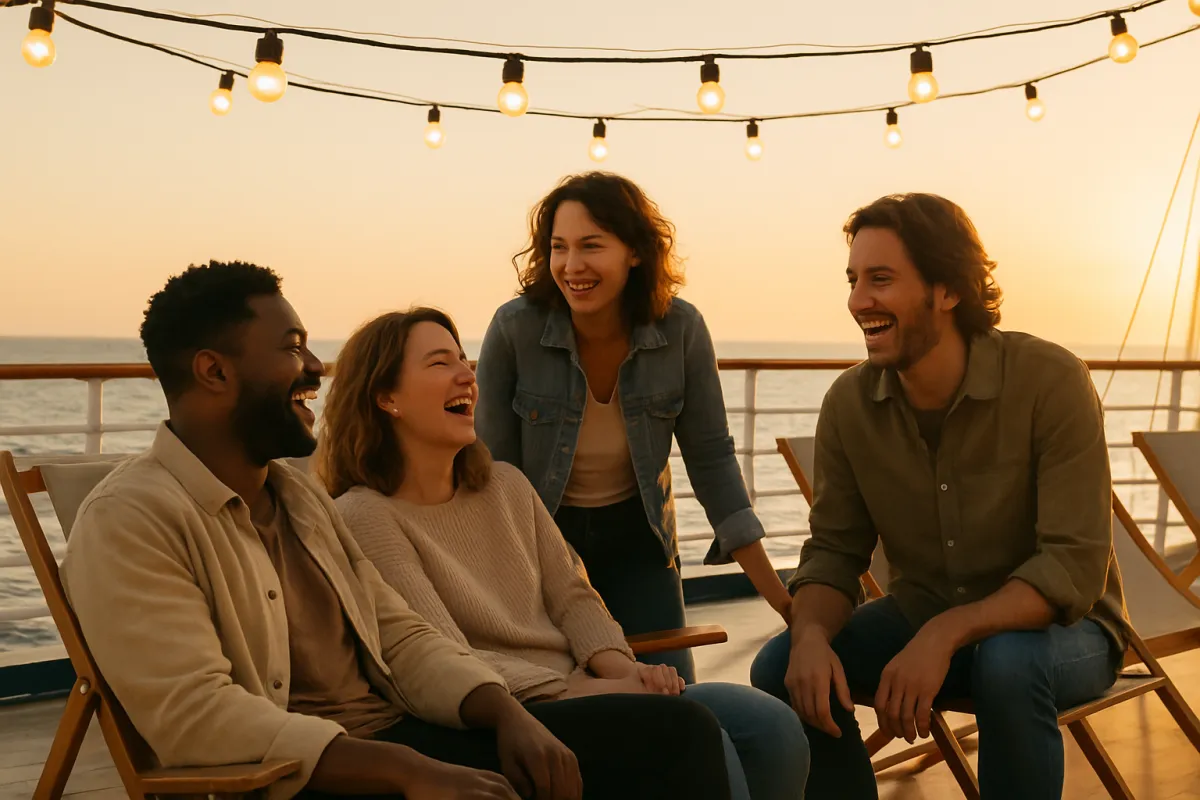 Small group of adults laughing on an open-air ship deck at golden hour.