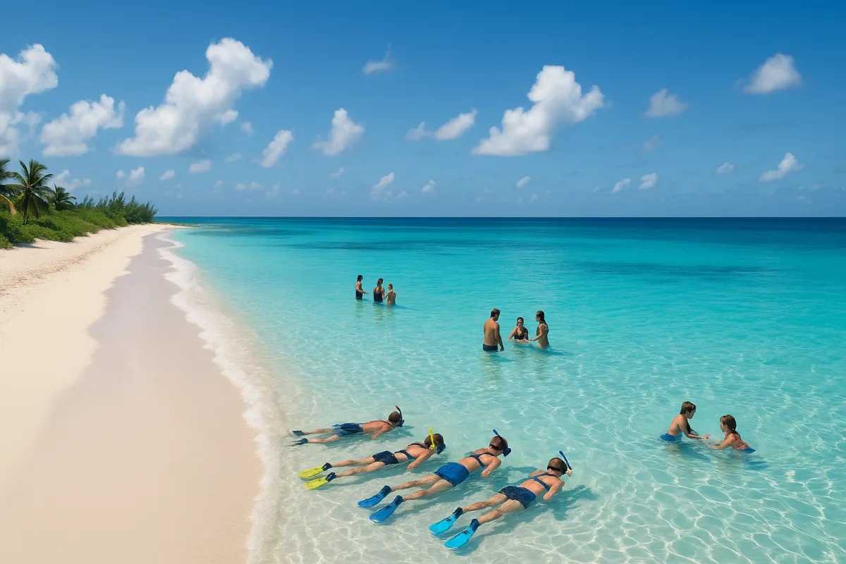 Grand Turks beach with snorkeling and turquoise water under bright sun