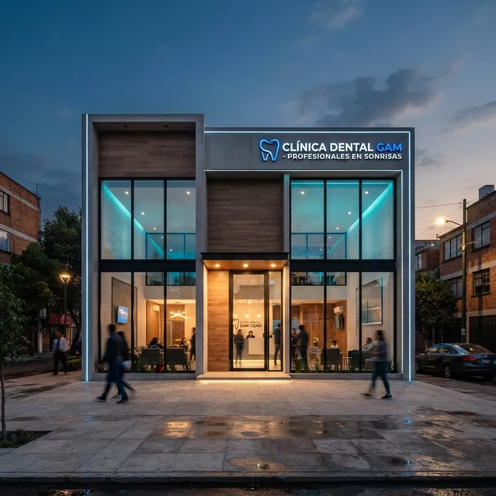 Fachada moderna e instalaciones de la clínica dental en Gustavo A. Madero