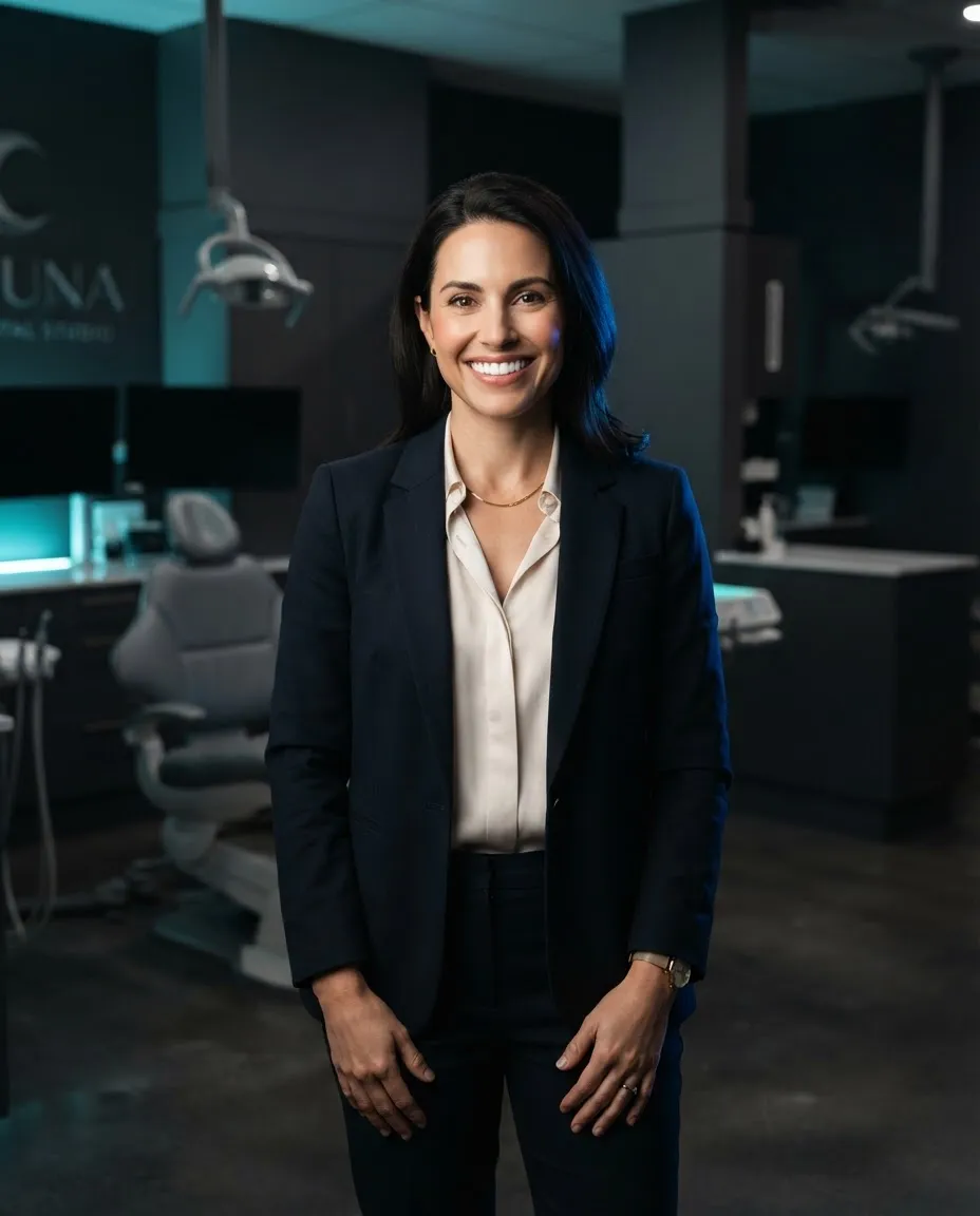 Profesional con sonrisa radiante y saludable en entorno clínico moderno