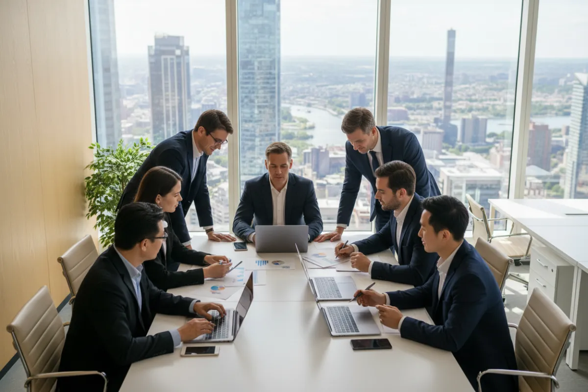 A diverse team of business consultants in a modern office, collaborating over documents and digital devices, with cityscape visible through large windows. The group includes men and women of various ages and ethnicities, all professionally dressed, engaged in strategic discussion. Bright, natural lighting and a clean, contemporary setting.