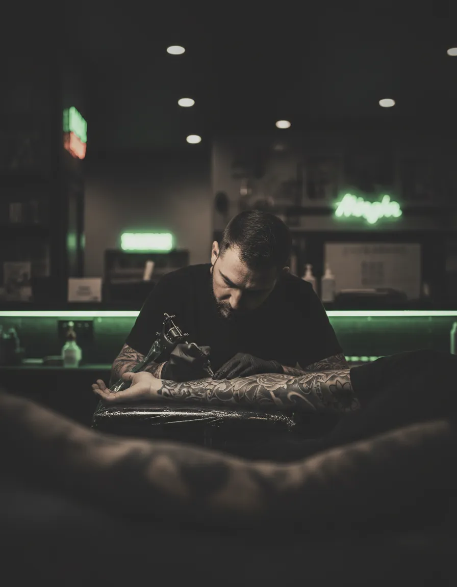 Tattoo artist at Shush Don’t Tell Tattoos grand opening