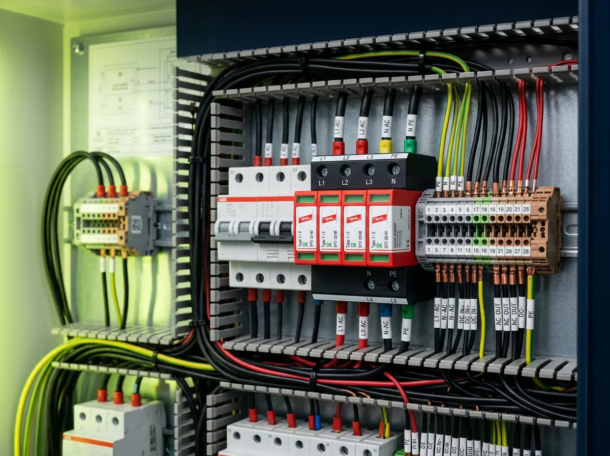 Internal view of an industrial solar inverter surge protection board and modular circuit breakers
