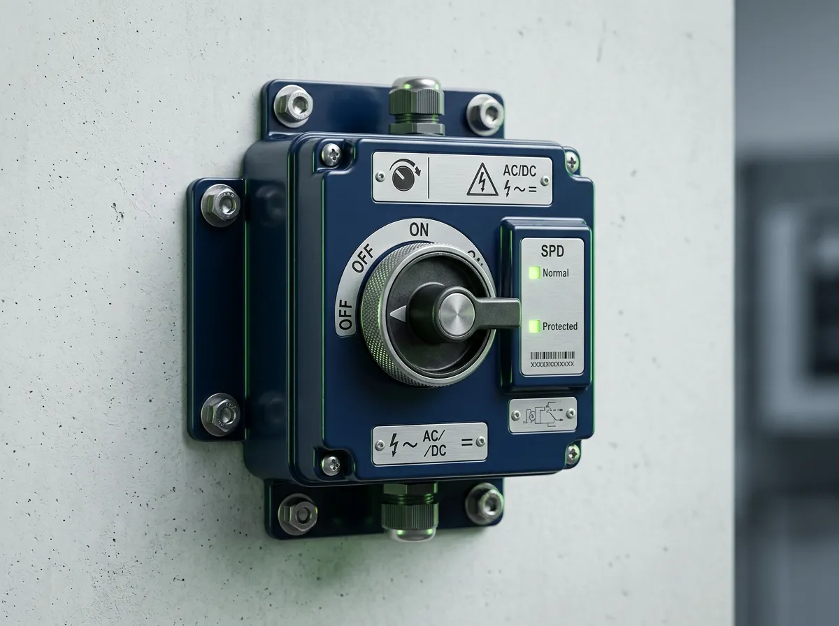Heavy duty AC and DC rotary isolator electrical setup installed adjacent to solar inverter