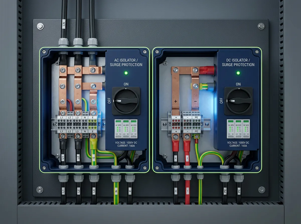AC and DC isolator surge protection setup with high-spec containment components
