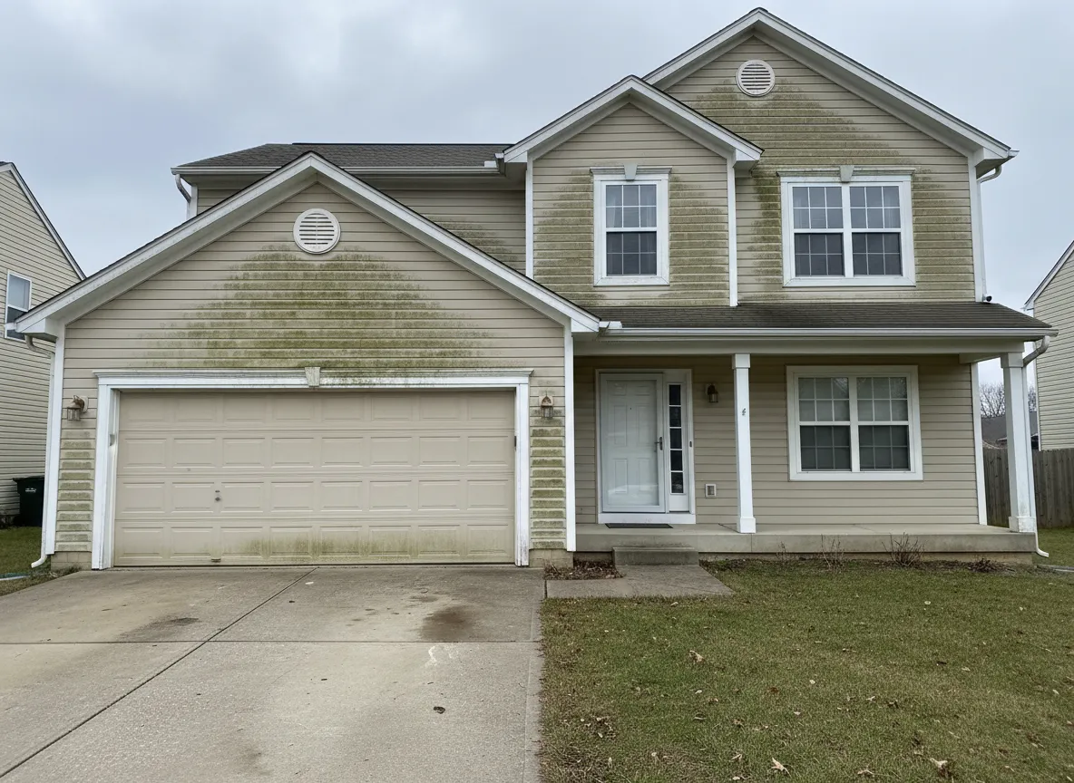 Home exterior before softwashing with visible stains