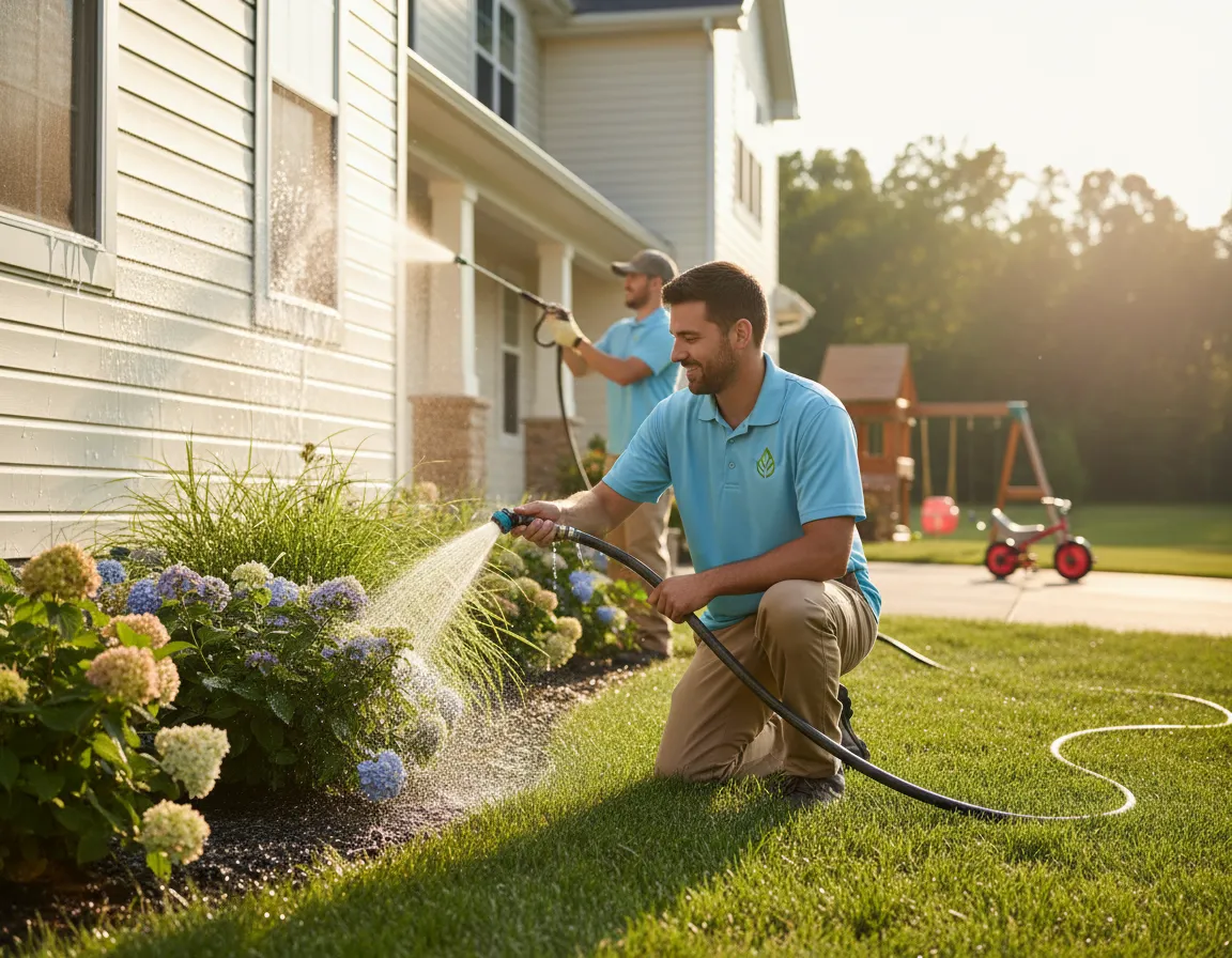 Technician softwashing a home while protecting plants