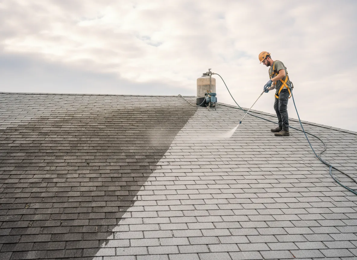 Softwash cleaning on a roof removing dark streaks