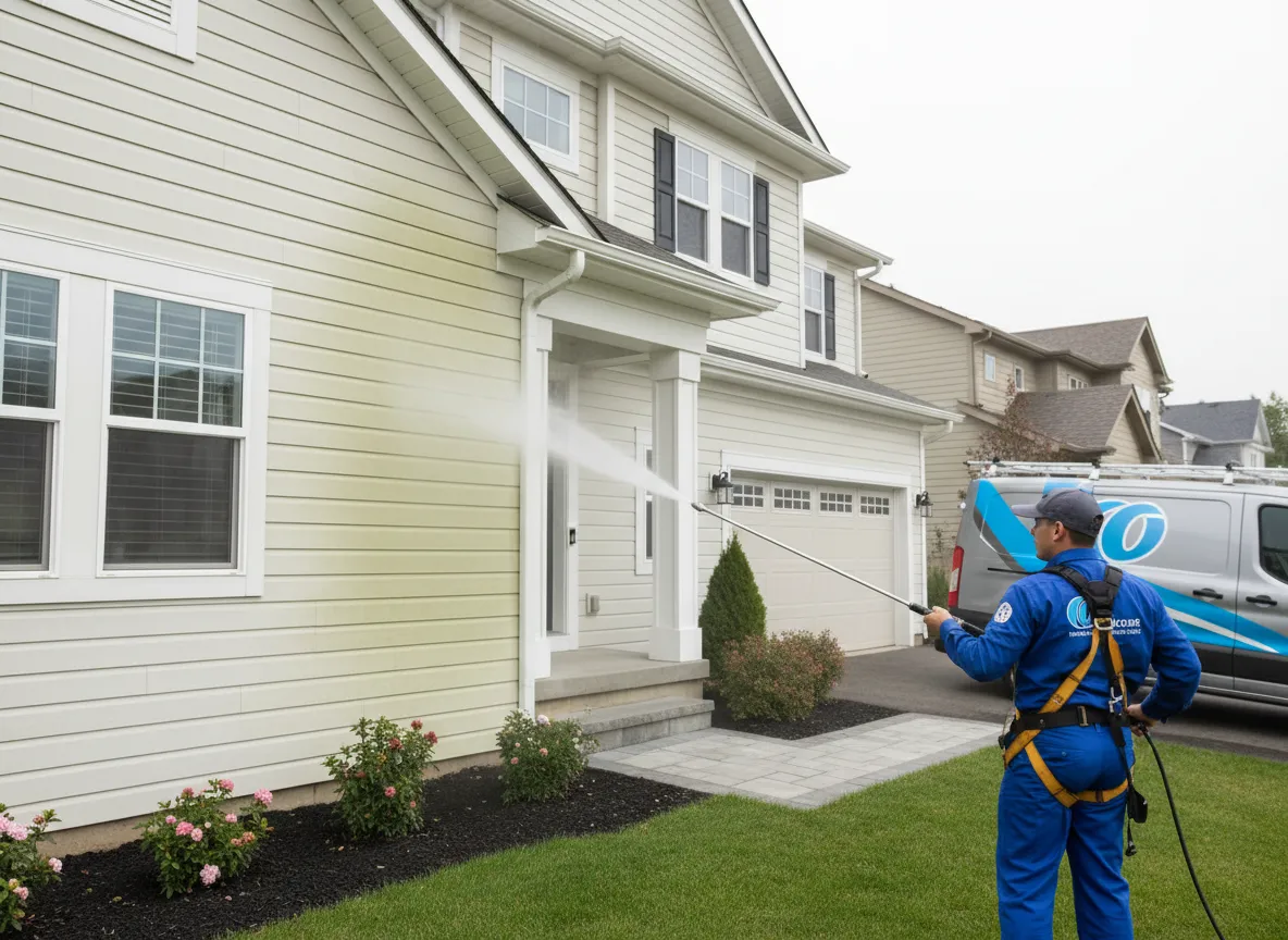 Softwashing vinyl siding of a home