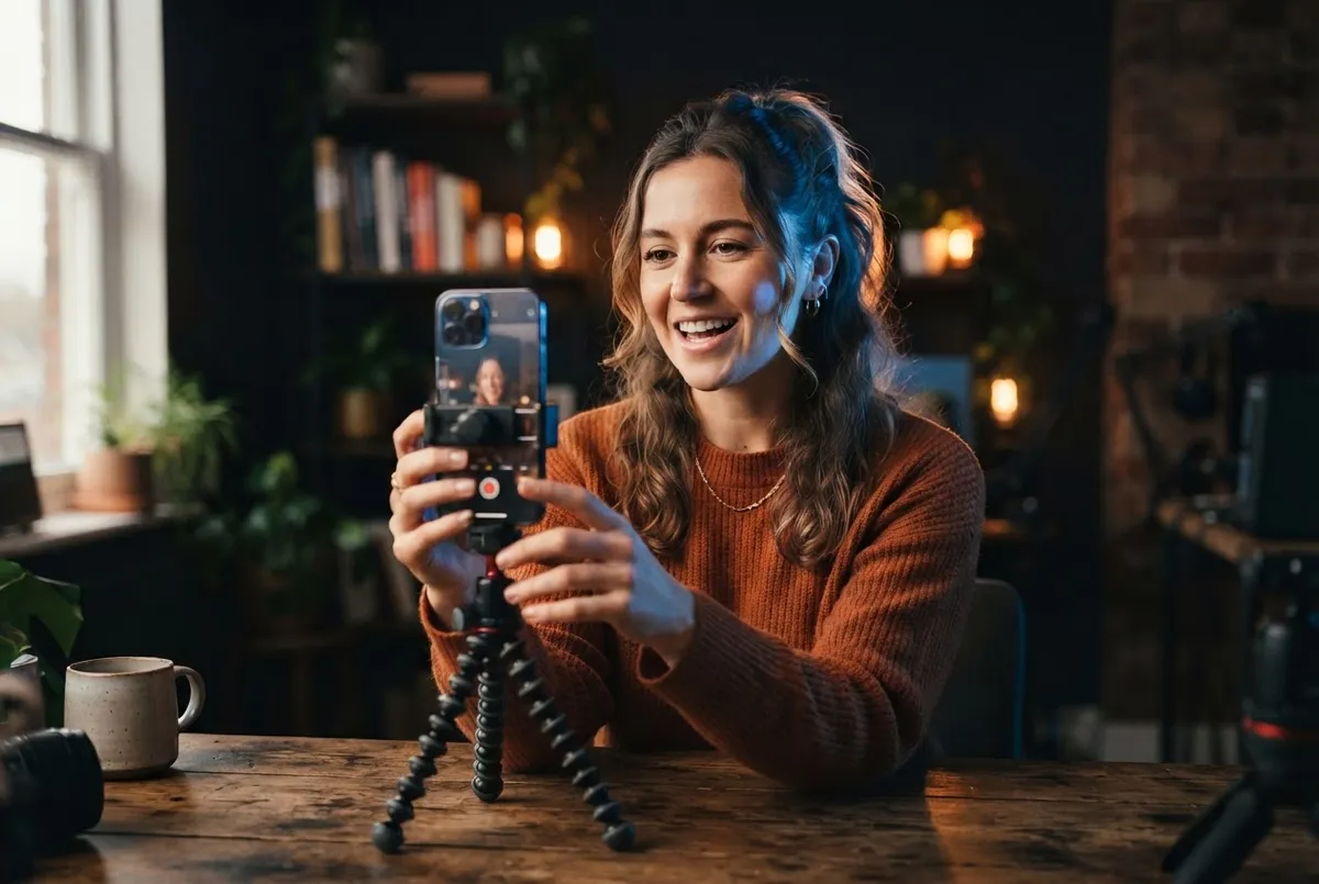Content creator capturing professional video on mobile for organic social reach