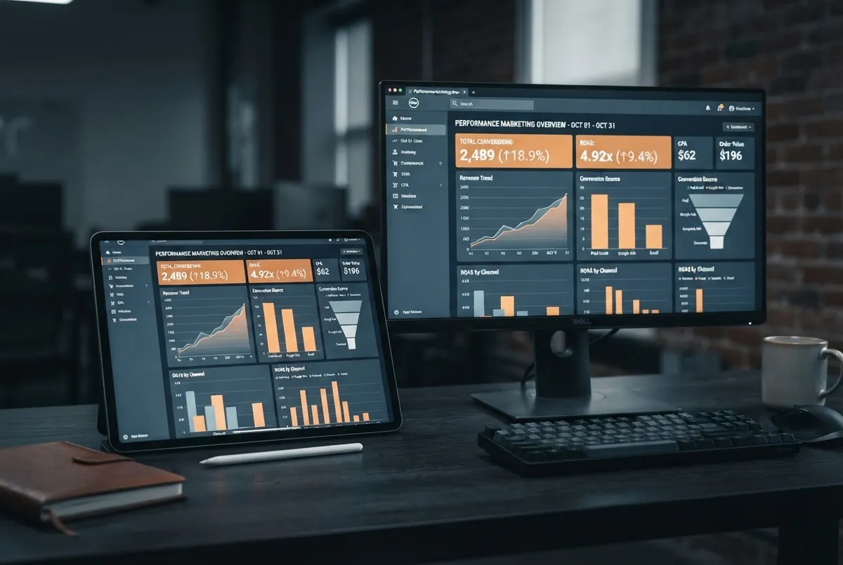 Performance marketing dashboard with conversion rates and return on ad spend tracking