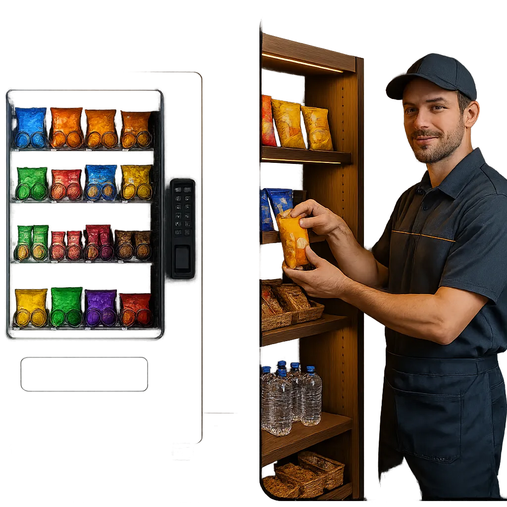 Composite view of a modern Chartwell Vending installation and dedicated local Colorado technician