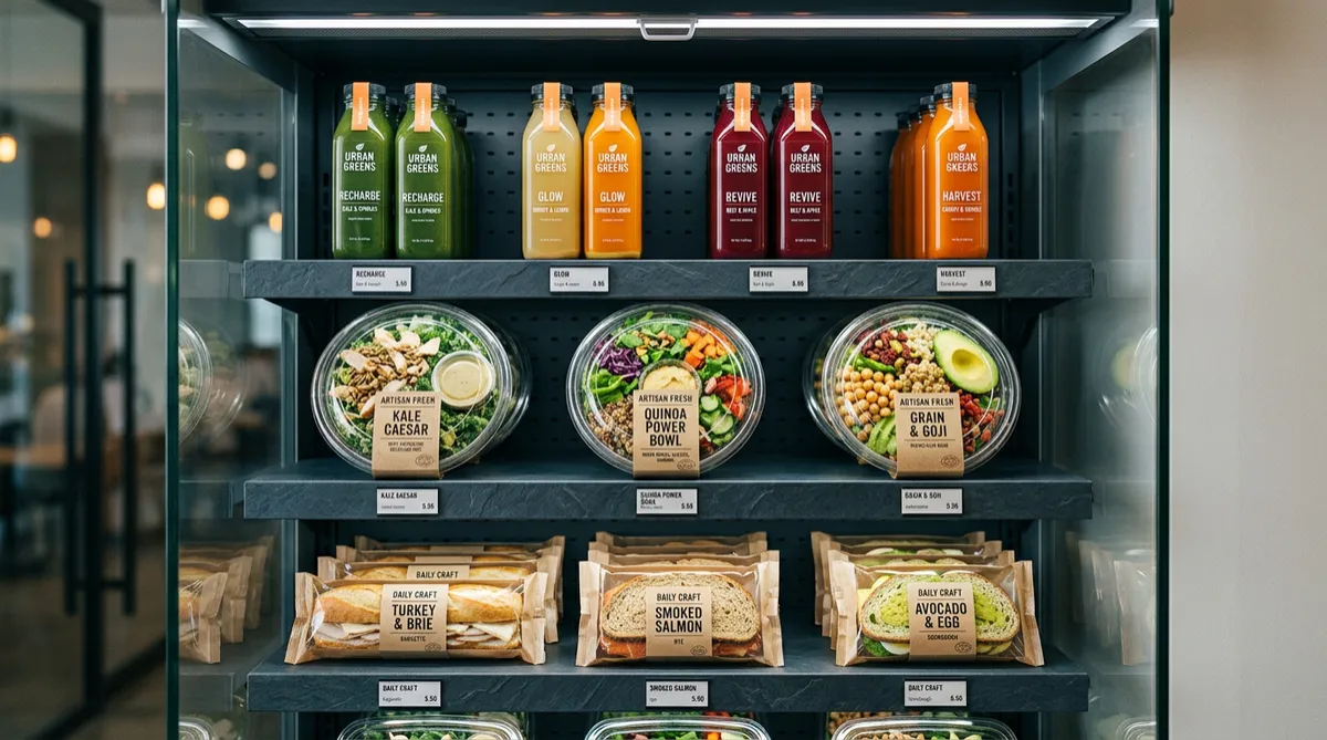 Modern corporate micro market with fresh salads, wraps, and open shelving