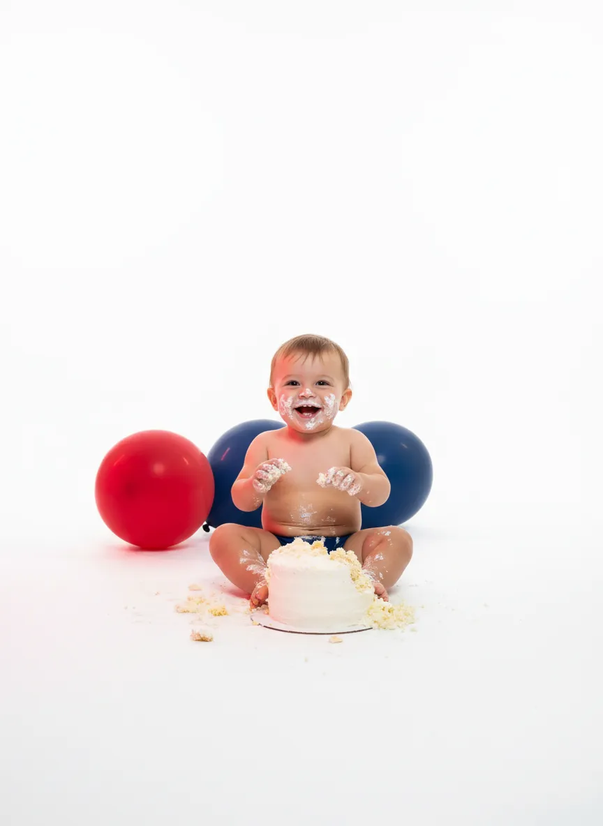 Toddler enjoying a joyful first birthday cake smash photoshoot